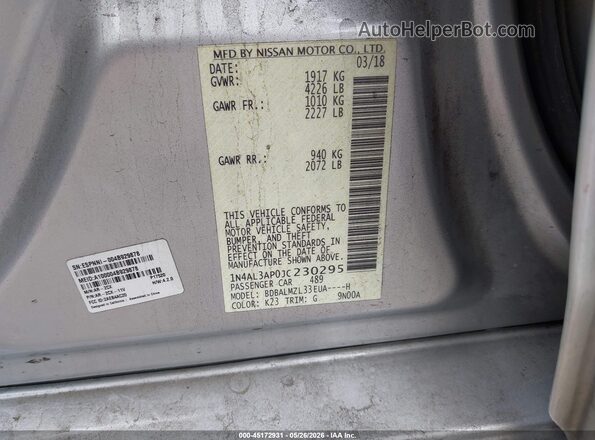 1N4AL3AP0JC230295 2018 NISSAN ALTIMA Silver ძრავის განყოფილების ხედი