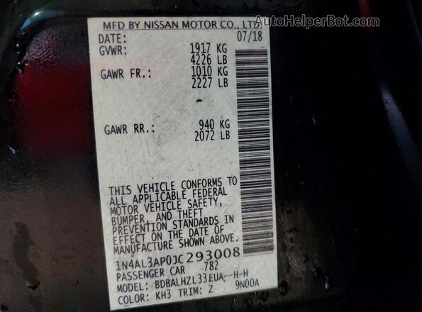 1N4AL3AP0JC293008 2018 NISSAN ALTIMA Black ძრავის განყოფილების ხედი