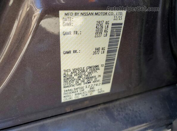 1N4AL3AP1GC122762 2016 NISSAN ALTIMA Gray Вид наклейки з VIN-кодом