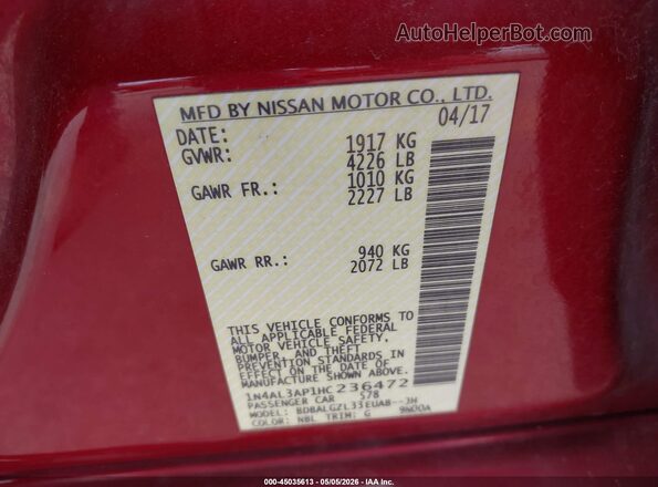 1N4AL3AP1HC236472 2017 NISSAN ALTIMA Red Widok komory silnika