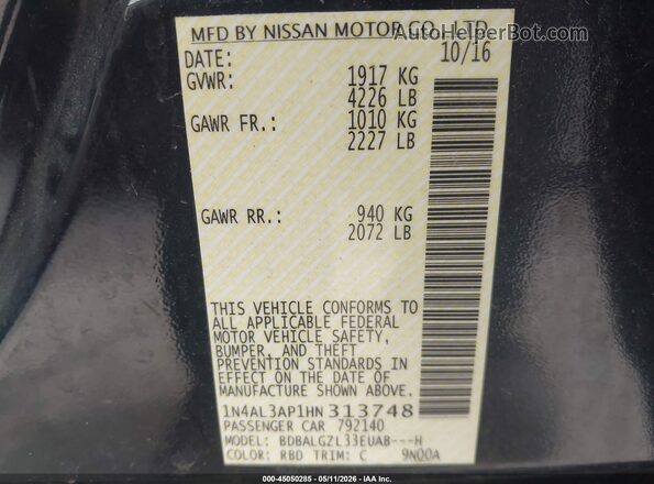 1N4AL3AP1HN313748 2017 NISSAN ALTIMA Gray Widok komory silnika