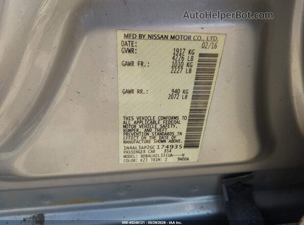 1N4AL3AP2GC174935 2016 NISSAN ALTIMA Silver Vista del compartimento del motor