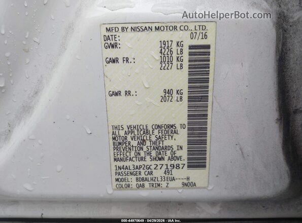 1N4AL3AP2GC271987 2016 NISSAN ALTIMA White Вид підкапотного простору