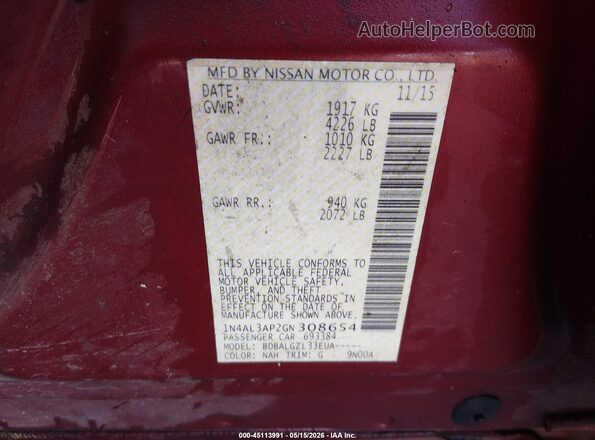 1N4AL3AP2GN308654 2016 NISSAN ALTIMA Red Vista del compartimento del motor