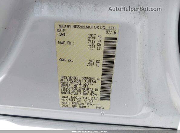 1N4AL3AP2GN341332 2016 NISSAN ALTIMA White Vista del compartimento del motor