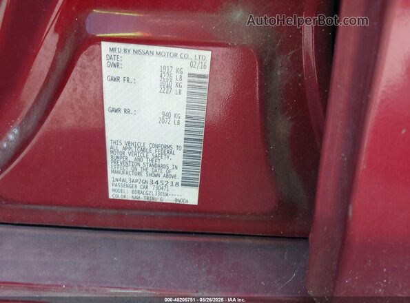 1N4AL3AP2GN345218 2016 NISSAN ALTIMA Maroon ძრავის განყოფილების ხედი