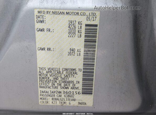 1N4AL3AP2HN360156 2017 NISSAN ALTIMA Серебряный Вид подкапотного пространства