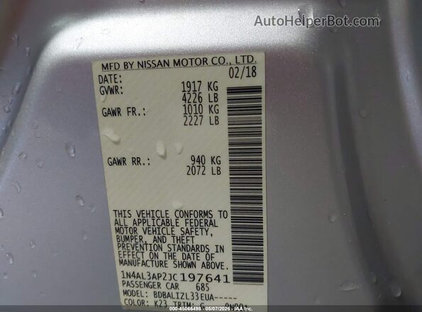 1N4AL3AP2JC197641 2018 NISSAN ALTIMA Серебряный 