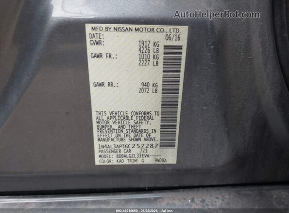 1N4AL3AP3GC257287 2016 NISSAN ALTIMA Gray ძრავის განყოფილების ხედი
