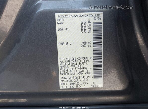 1N4AL3AP3GN340898 2016 NISSAN ALTIMA Серый 