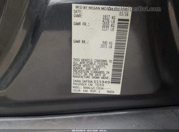 1N4AL3AP3GN355949 2016 NISSAN ALTIMA Gray Вид підкапотного простору