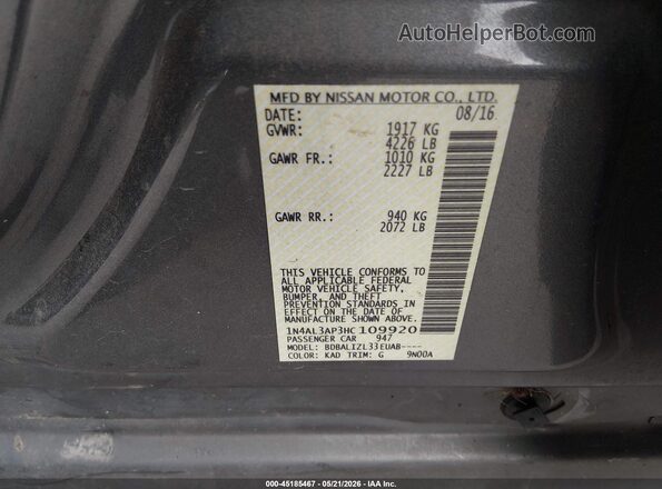 1N4AL3AP3HC109920 2017 NISSAN ALTIMA Gray Vista del compartimento del motor