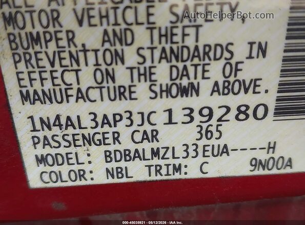 1N4AL3AP3JC139280 2018 NISSAN ALTIMA Maroon Вид підкапотного простору