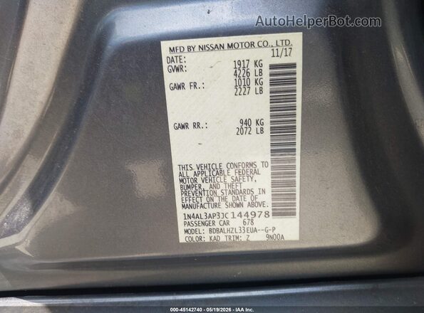 1N4AL3AP3JC144978 2018 NISSAN ALTIMA Gray ძრავის განყოფილების ხედი