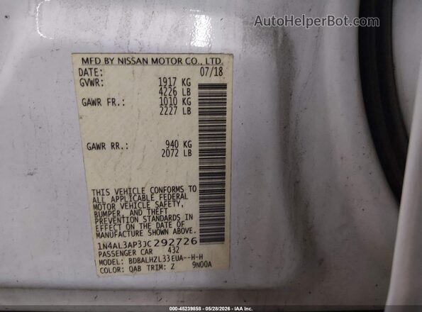 1N4AL3AP3JC292726 2018 NISSAN ALTIMA White Вид підкапотного простору