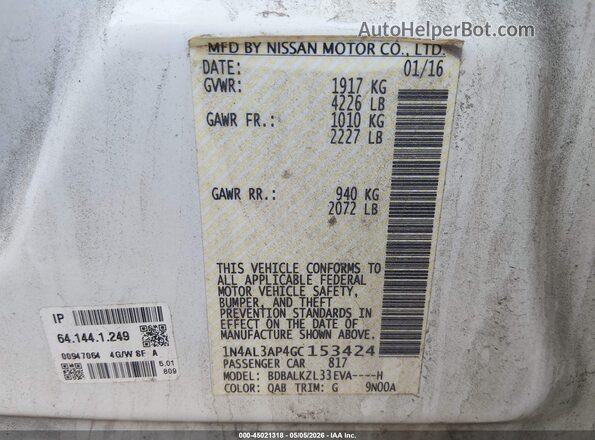 1N4AL3AP4GC153424 2016 NISSAN ALTIMA White Vista del compartimento del motor