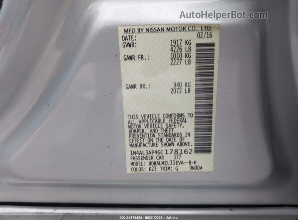 1N4AL3AP4GC178162 2016 NISSAN ALTIMA Silver Շարժիչի բաժամունքի տեսք