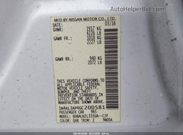 1N4AL3AP4GC200581 2016 NISSAN ALTIMA White 