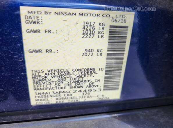 1N4AL3AP4GC244953 2016 NISSAN ALTIMA Синий 