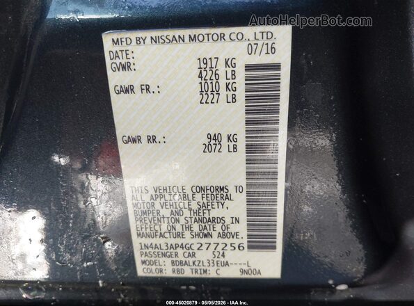 1N4AL3AP4GC277256 2016 NISSAN ALTIMA Black Շարժիչի բաժամունքի տեսք