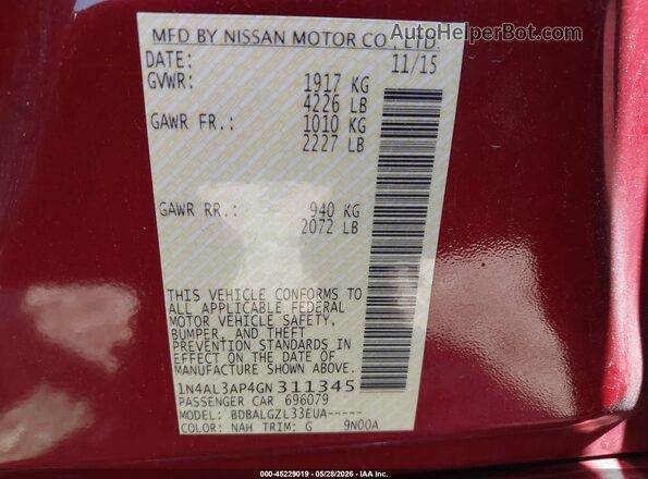 1N4AL3AP4GN311345 2016 NISSAN ALTIMA Red Widok komory silnika