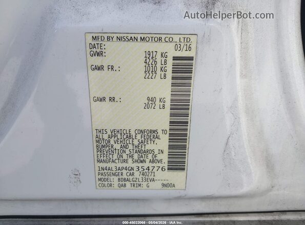 1N4AL3AP4GN354776 2016 NISSAN ALTIMA White Вид підкапотного простору