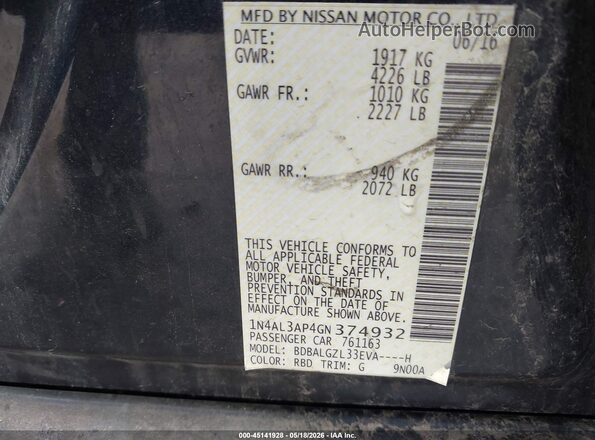1N4AL3AP4GN374932 2016 NISSAN ALTIMA Синий Вид подкапотного пространства