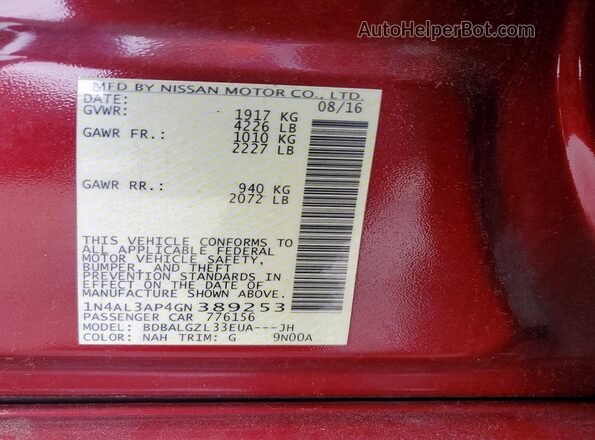 1N4AL3AP4GN389253 2016 NISSAN ALTIMA Red 