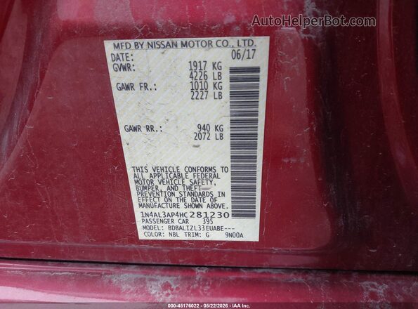 1N4AL3AP4HC281230 2017 NISSAN ALTIMA Red Вид підкапотного простору