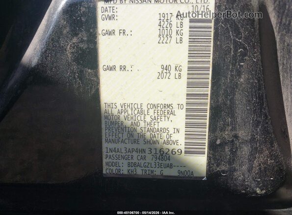 1N4AL3AP4HN316269 2017 NISSAN ALTIMA Black Շարժիչի բաժամունքի տեսք