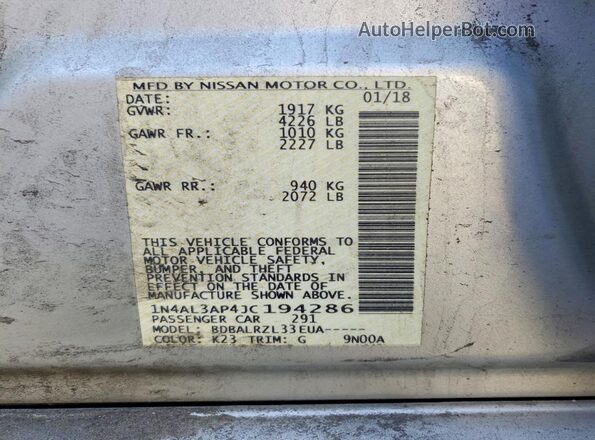 1N4AL3AP4JC194286 2018 NISSAN ALTIMA Серебряный 