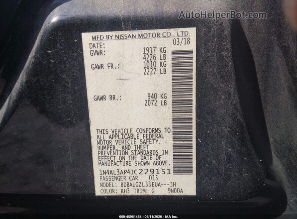 1N4AL3AP4JC229151 2018 NISSAN ALTIMA Black Շարժիչի բաժամունքի տեսք
