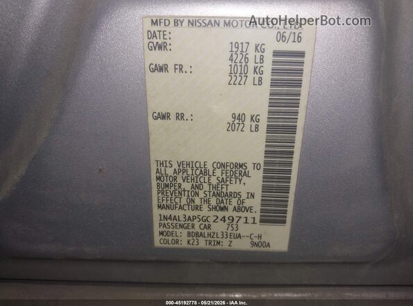 1N4AL3AP5GC249711 2016 NISSAN ALTIMA Silver Вид підкапотного простору