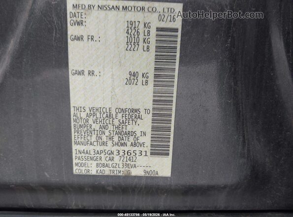 1N4AL3AP5GN336531 2016 NISSAN ALTIMA Gray Շարժիչի բաժամունքի տեսք