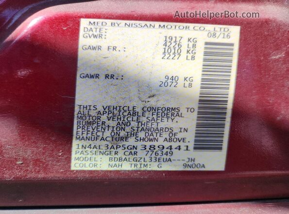 1N4AL3AP5GN389441 2016 NISSAN ALTIMA Burgundy 