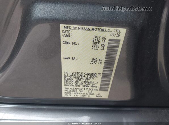 1N4AL3AP5HC129246 2017 NISSAN ALTIMA Gray Vista del compartimento del motor