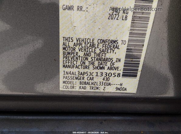 1N4AL3AP5JC133058 2018 NISSAN ALTIMA Gray Engine compartment view