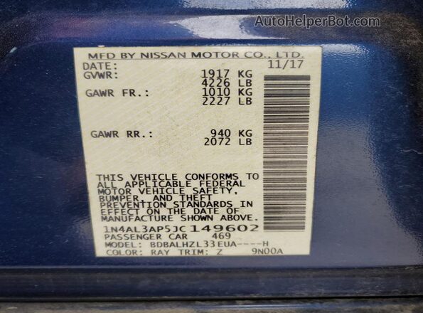 1N4AL3AP5JC149602 2018 NISSAN ALTIMA Blue 