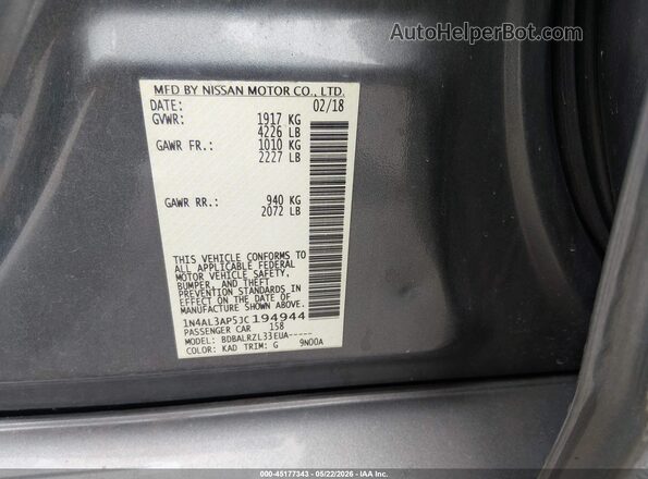 1N4AL3AP5JC194944 2018 NISSAN ALTIMA Gray Вид підкапотного простору