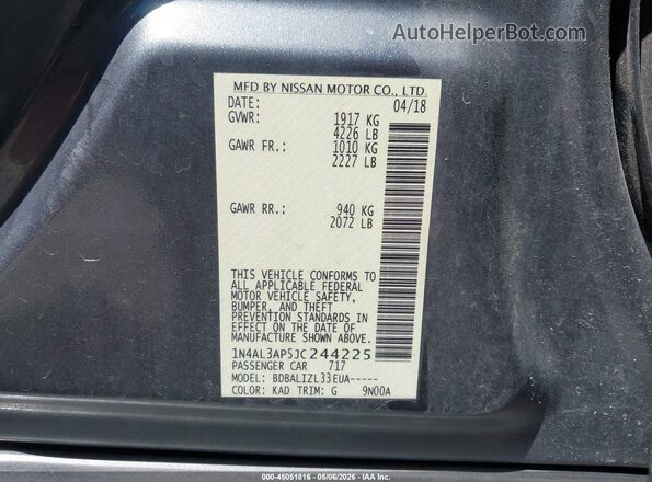 1N4AL3AP5JC244225 2018 NISSAN ALTIMA Gray ძრავის განყოფილების ხედი