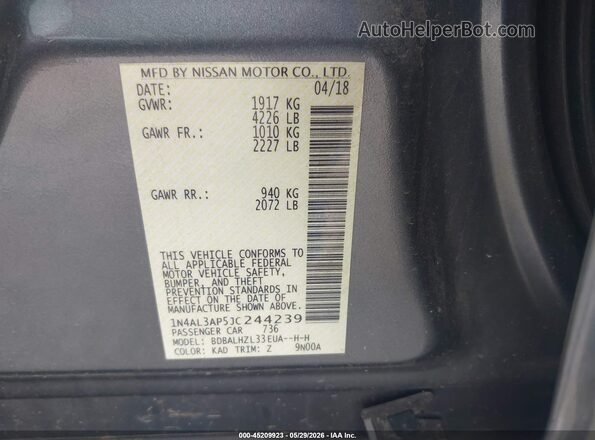 1N4AL3AP5JC244239 2018 NISSAN ALTIMA Gray ძრავის განყოფილების ხედი
