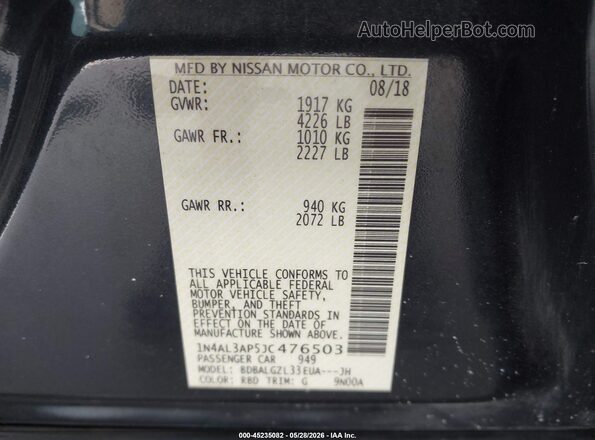 1N4AL3AP5JC476503 2018 NISSAN ALTIMA Black Շարժիչի բաժամունքի տեսք
