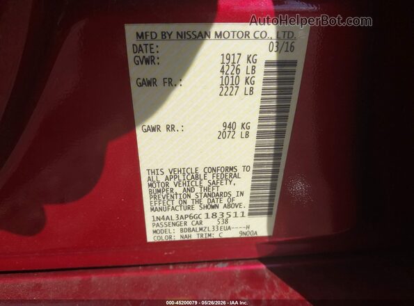1N4AL3AP6GC183511 2016 NISSAN ALTIMA Красный Вид подкапотного пространства