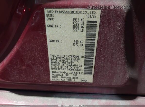 1N4AL3AP6GC184612 2016 NISSAN ALTIMA Красный 