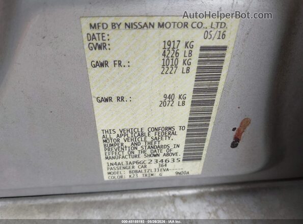 1N4AL3AP6GC234635 2016 NISSAN ALTIMA Silver ძრავის განყოფილების ხედი