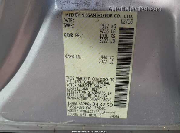 1N4AL3AP6GN343259 2016 NISSAN ALTIMA Серебряный 