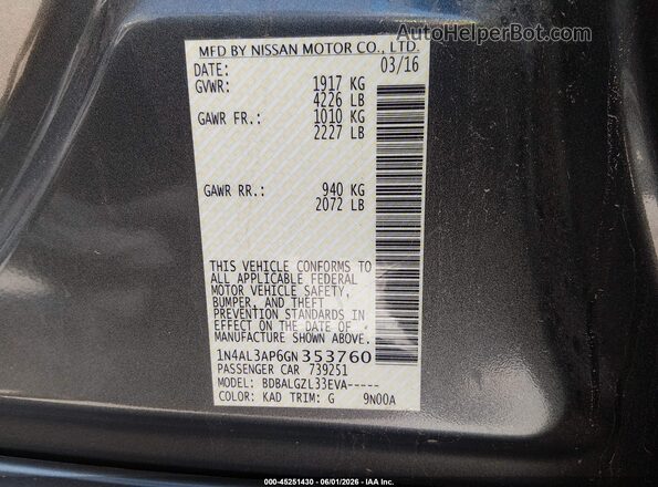 1N4AL3AP6GN353760 2016 NISSAN ALTIMA Gray Widok komory silnika