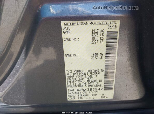 1N4AL3AP6GN385947 2016 NISSAN ALTIMA Серый Вид подкапотного пространства