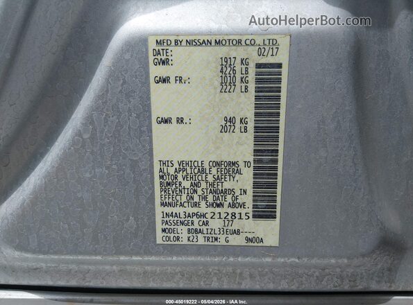1N4AL3AP6HC212815 2017 NISSAN ALTIMA Gray ძრავის განყოფილების ხედი