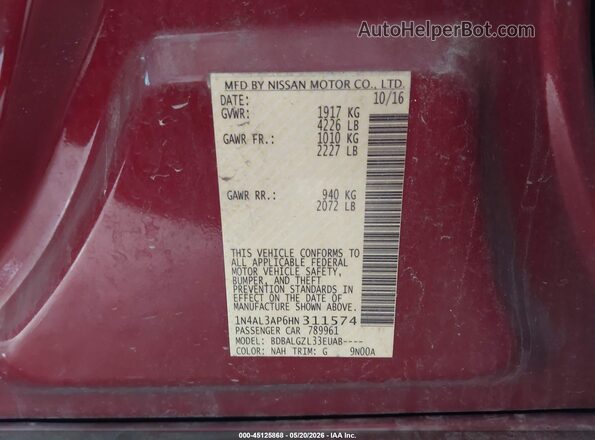 1N4AL3AP6HN311574 2017 NISSAN ALTIMA Red ძრავის განყოფილების ხედი